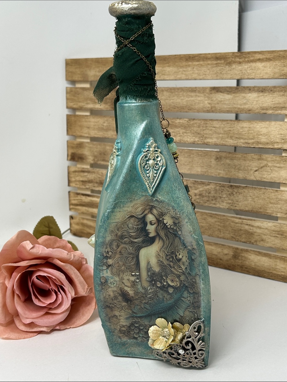Teal Mermaid Decorative Bottle with Embellishments Front & Back